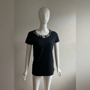 Relish Womens Blouse Black Short Sleeve Scoop Neck Rhinestone